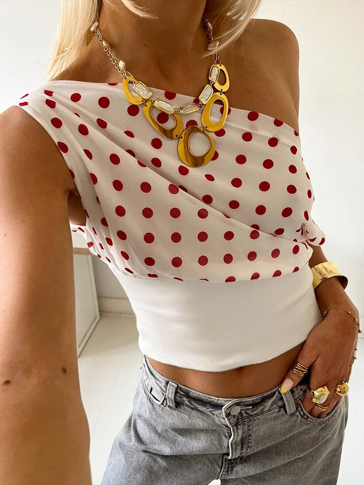 Polka Dot Off-Shoulder Backless Crop Top – Ruched Streetwear Top for Women