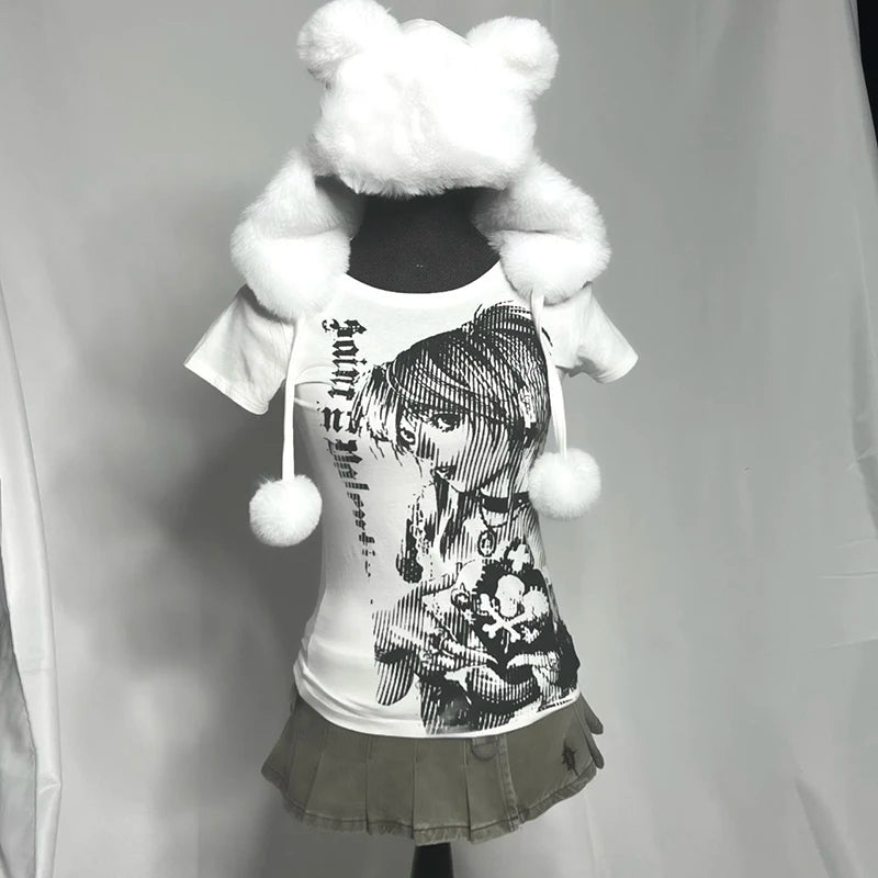 Camisetas con estampado de texto de los 90 estilo Harajuku, cuello redondo, ropa de los 2000, camiseta corta sencilla de estilo vintage, emo estético, informal para mujer