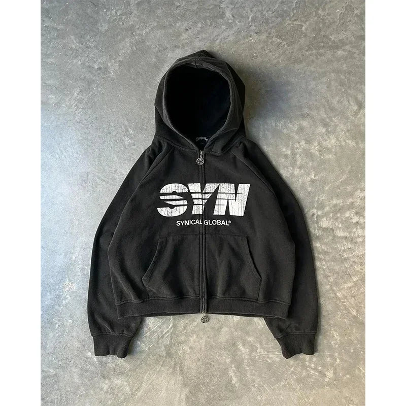 Y2K Cyber Grunge Zip-Up Hoodie – Vintage Graphic KPop Gothic Sweatshirt for Women