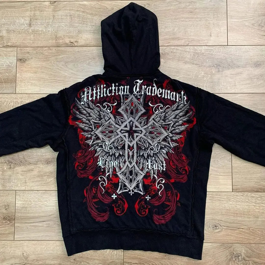 Y2K Cyber Grunge Zip-Up Hoodie – Vintage Graphic KPop Gothic Sweatshirt for Women