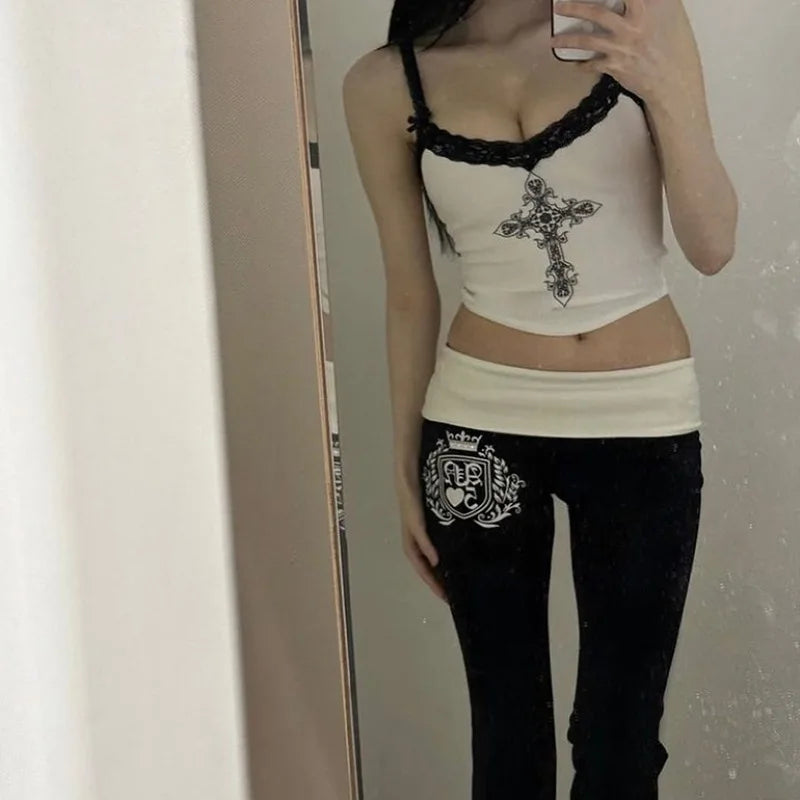 Y2K Lace Trim Printed Crop Tank Top – Sexy Slim Fit Hot Girl Summer Top for Women - Gelubina