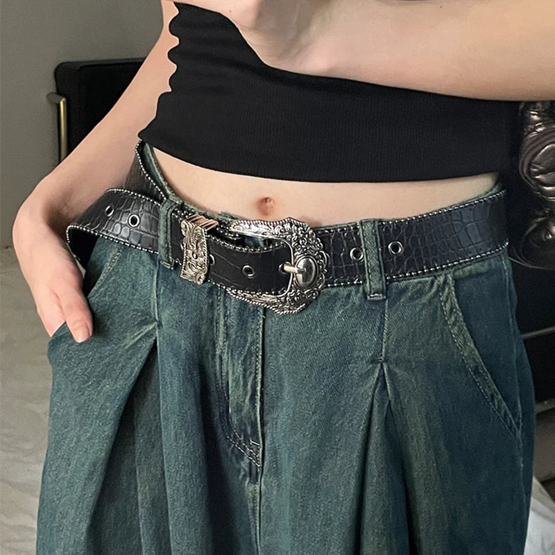 Y2K Goth Wide PU Leather Belt – Unisex Punk Streetwear Waistband Accessory