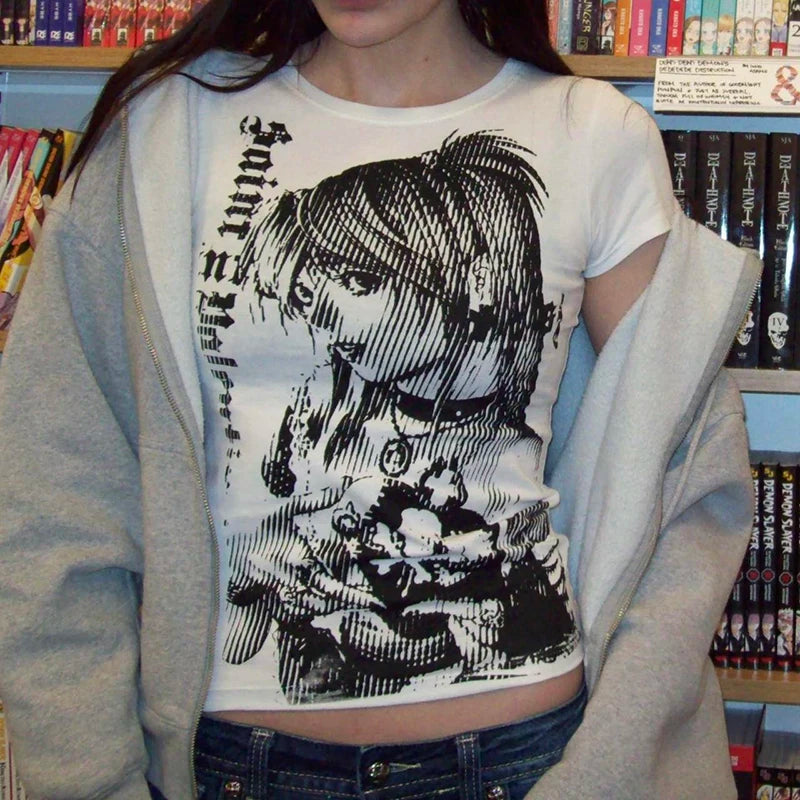 Y2K Anime 90s Print Crop Tee – Slim Fit Harajuku Streetwear Top for Women