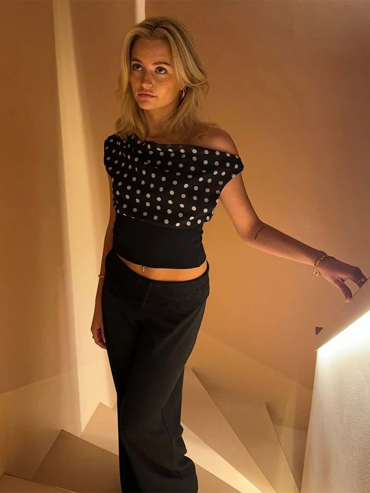 Polka Dot Off-Shoulder Backless Crop Top – Ruched Streetwear Top for Women
