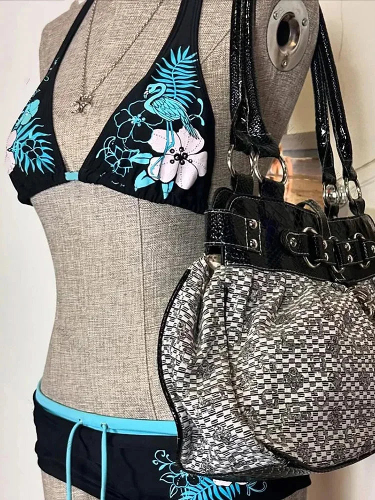 Y2K Vintage Floral Halter Bikini Set – 2000s Cutie Swimsuit Swimwear for Women