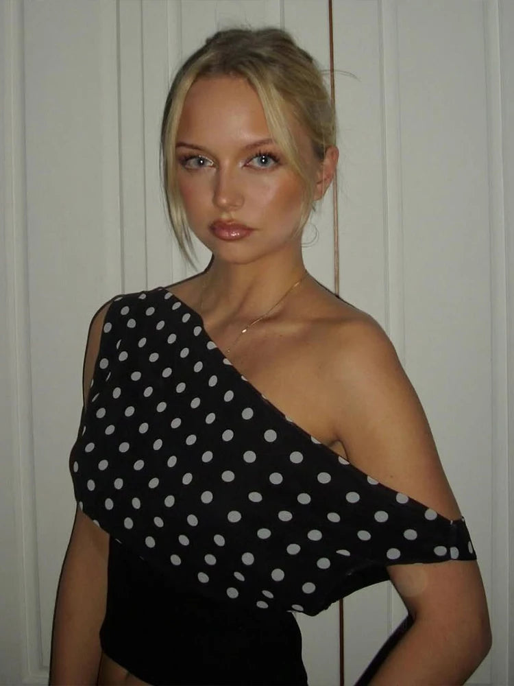 Polka Dot Off-Shoulder Backless Crop Top – Ruched Streetwear Top for Women