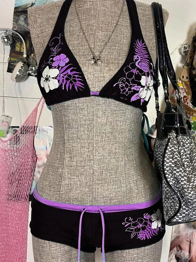 Y2K Vintage Floral Halter Bikini Set – 2000s Cutie Swimsuit Swimwear for Women