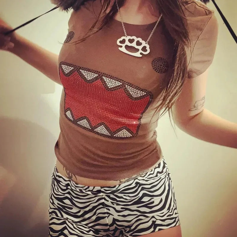 verano nueva mujer Y2K Chica Retro Hot Fix Diamantes de imitación Aplicación Cuello Redondo Top Camiseta Divertida Vintage Tama Jun Top