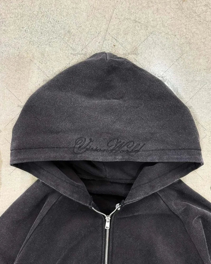 Sudadera con capucha y cremallera extragrande con estampado de letras góticas Y2K – Sudadera Harajuku Punk lavada para mujer y hombre