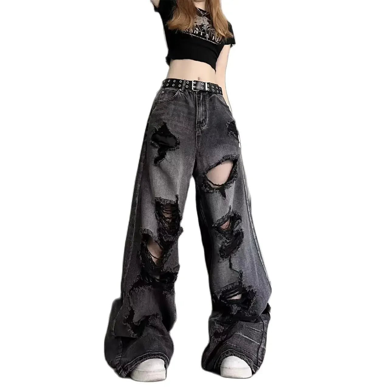 Vintage High Waist Ripped Wide Leg Jeans – Y2K Streetwear Straight Denim for Women
