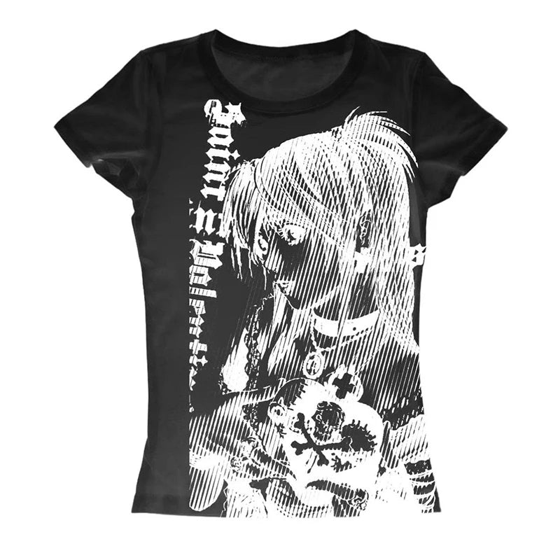Y2K Anime 90s Print Crop Tee – Slim Fit Harajuku Streetwear Top for Women