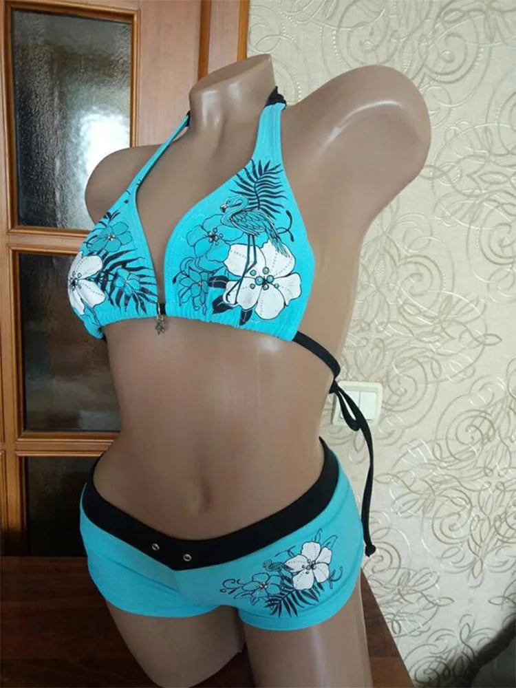 Y2K Vintage Floral Halter Bikini Set – 2000s Cutie Swimsuit Swimwear for Women