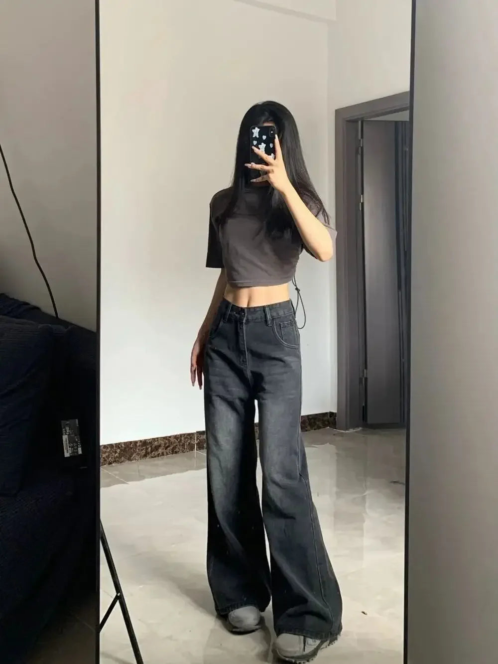 High Waist Wide Leg Bell Bottom Jeans – Slimming Plus-Size Streetwear Denim for Women