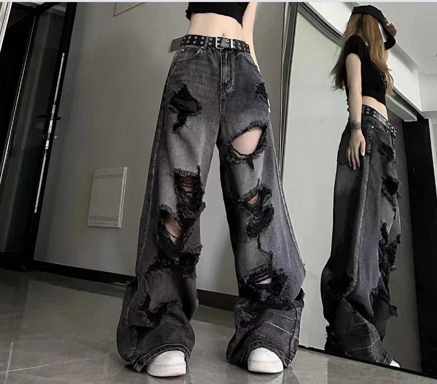 Vintage High Waist Ripped Wide Leg Jeans – Y2K Streetwear Straight Denim for Women