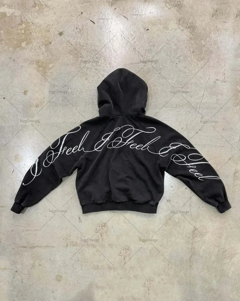 Sudadera con capucha y cremallera extragrande con estampado de letras góticas Y2K – Sudadera Harajuku Punk lavada para mujer y hombre