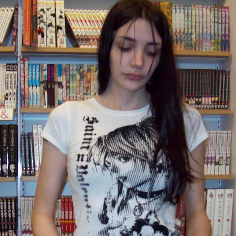 Camisetas con estampado de texto de los 90 estilo Harajuku, cuello redondo, ropa de los 2000, camiseta corta sencilla de estilo vintage, emo estético, informal para mujer