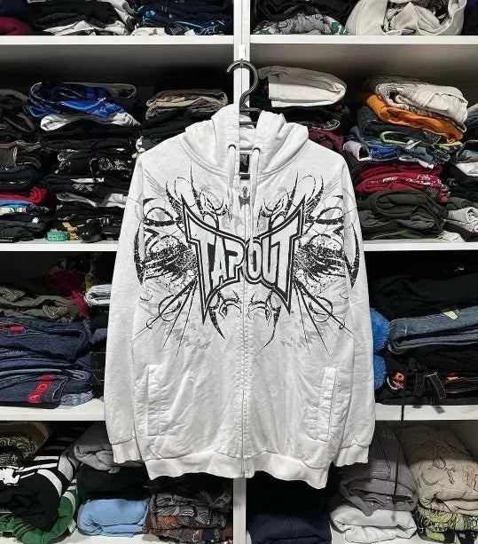 Y2K Cyber Grunge Zip-Up Hoodie – Vintage Graphic KPop Gothic Sweatshirt for Women
