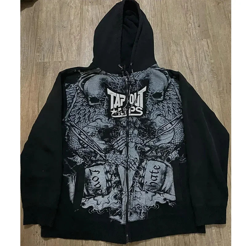 Sudadera con cremallera Y2K Cyber Grunge – Sudadera gótica KPop vintage con gráficos para mujer