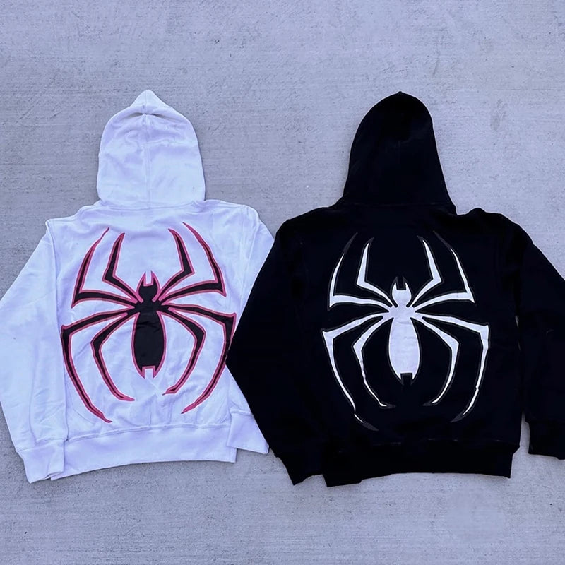 Sudadera con capucha de araña Y2K para mujer y hombre, chaqueta de manga larga con cremallera, estilo hip hop, abrigos gráficos punk, Harajuku, informal, holgada, con capucha