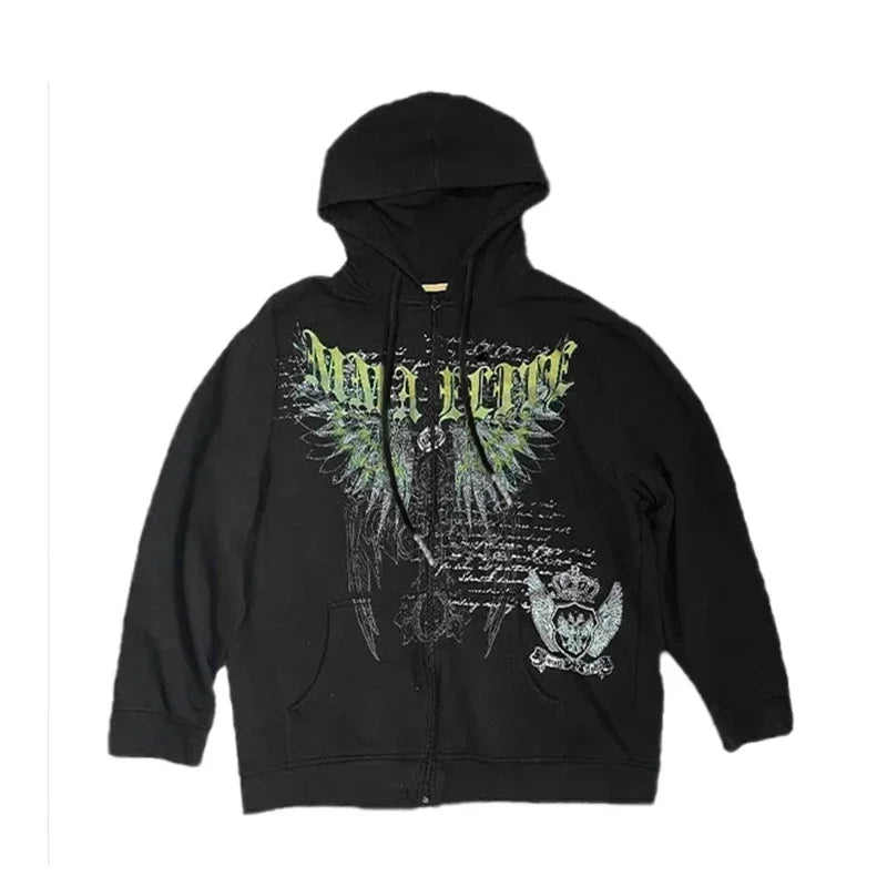 Y2K Cyber Grunge Zip-Up Hoodie – Vintage Graphic KPop Gothic Sweatshirt for Women