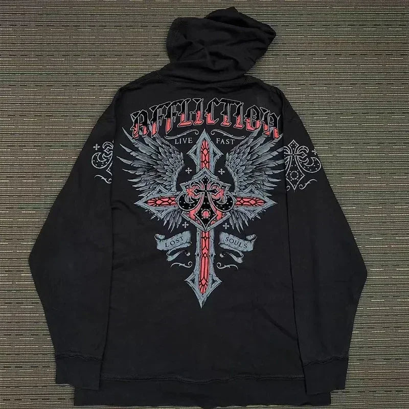 Y2K Cyber Grunge Zip-Up Hoodie – Vintage Graphic KPop Gothic Sweatshirt for Women