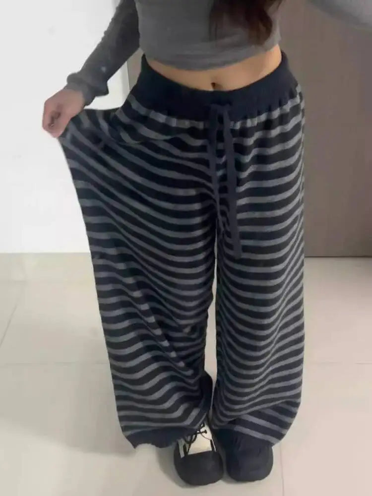 Harajuku Contrast Stripe Wide Leg Trousers – Y2K Aesthetic Knit Straight Pants for Women