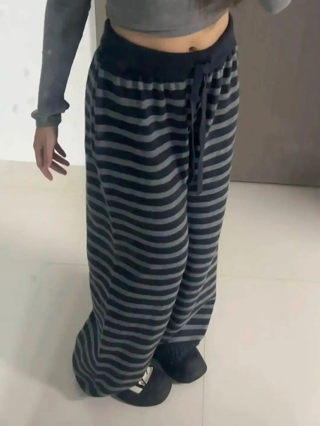Harajuku Contrast Stripe Wide Leg Trousers – Y2K Aesthetic Knit Straight Pants for Women