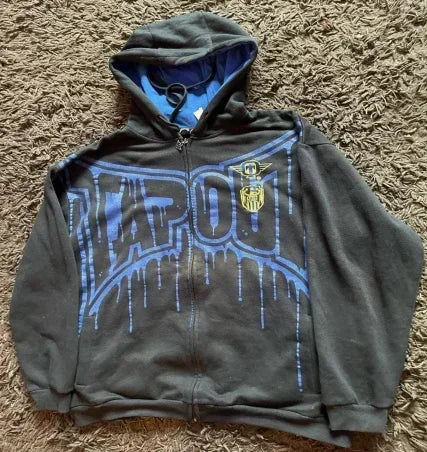 Y2K Cyber Grunge Zip-Up Hoodie – Vintage Graphic KPop Gothic Sweatshirt for Women