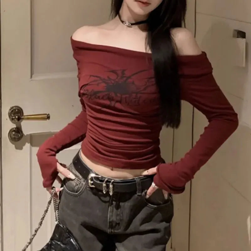 Camisetas góticas Y2K grunge para mujer, hombros descubiertos, otoño 2023, streetwear, estilo hada, tops de hip hop, camisetas casuales punk, ropa femenina