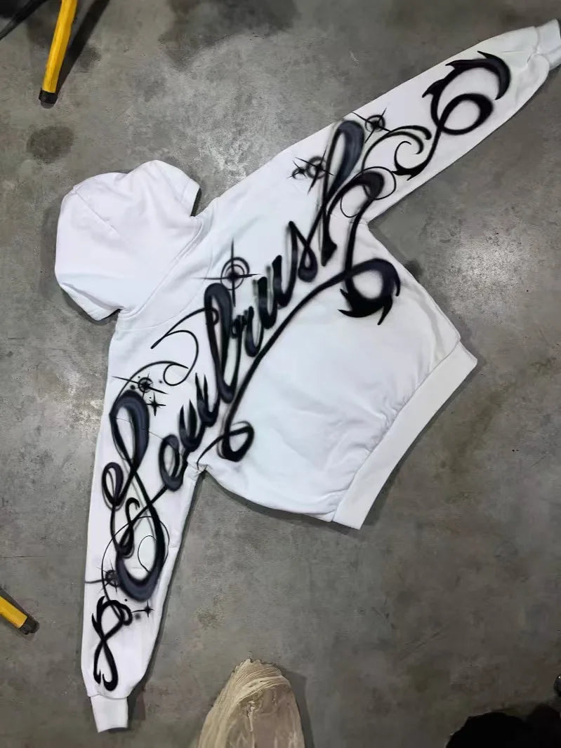 Sudadera con capucha y cremallera extragrande con estampado de letras góticas Y2K – Sudadera Harajuku Punk lavada para mujer y hombre