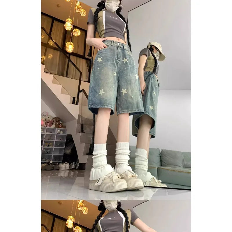 Y2K Floral Star Print Wide Leg Denim Shorts – Retro American Streetwear Jeans for Women - Gelubina